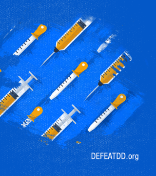 An illustration featuring multiple syringes with yellow liquid on a blue background. The text "DEFEATDD.org" is displayed in the bottom right corner.