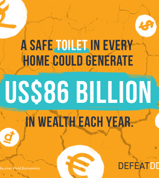 The image has an orange background with crumbling textures and symbols of various currencies. The text reads: "A safe toilet in every home could generate US$86 billion in wealth each year. Source: Vivid Economics. DefeatDD.