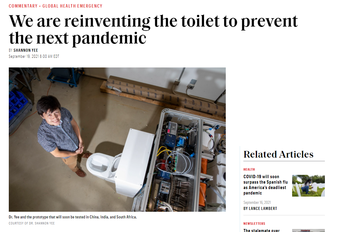 A person in a gray shirt stands next to a modern toilet and machinery setup in a workspace. The headline reads, "We are reinventing the toilet to prevent the next pandemic," with related articles listed on the right. The photo is courtesy of Dr. Shannon Yee.