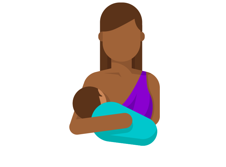 An illustration of a person with long hair, wearing a purple top, breastfeeding a baby. The baby is wrapped in a blue blanket. The background is white.