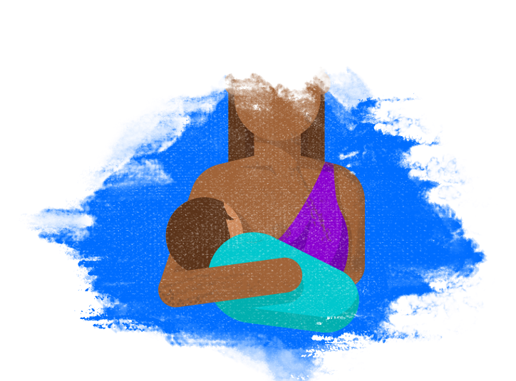 Illustration of a person breastfeeding a baby. The person is wearing a purple top, and the baby is wrapped in a turquoise blanket. The background is blue.