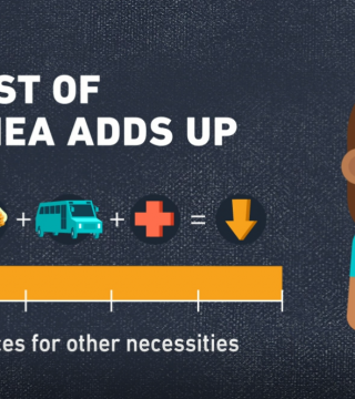 A graphic titled "Cost of Diarrhea Adds Up" shows a person holding their stomach. Icons of a meal, bus, and medical symbol are followed by a downward arrow. An orange bar indicates reduced resources for other necessities. Text mentions the economic burden of diarrhea.