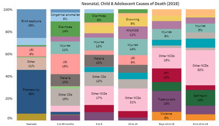 Bar chart titled "Neonatal, Child & Adolescent Causes of Death (2019)" showing percentages of various causes of death across different age groups: neonatal, 1-59 months, 5-9 years, 10-14 years, boys 15-19 years, and girls 15-19 years. Causes include birth asphyxia, diarrhea, injuries, congenital anomalies, and more.