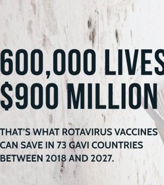 Text on a white background reads: "600,000 lives, $900 million. That's what rotavirus vaccines can save in 73 GAVI countries between 2018 and 2027.