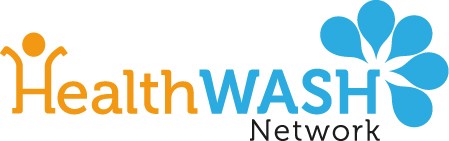 Logo of Health WASH Network. The word "Health" is in orange with a person icon as the "H". "WASH" is in blue, next to a blue flower-like design. "Network" is in smaller blue text below.