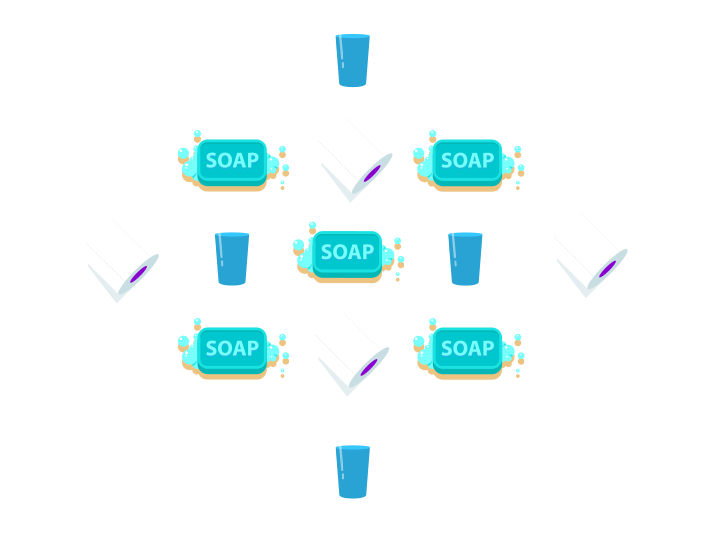 Illustration of a hygiene concept with four rolls of toilet paper, four bars of soap with bubbles, and four glasses of water, arranged in a symmetrical pattern.