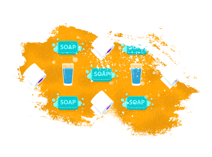 Illustration of a pattern featuring bars of soap with bubbles, rolls of toilet paper, and glasses of water on an orange background. The items are arranged in a grid-like formation.