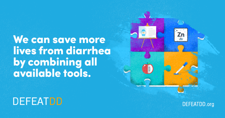 A blue background featuring text: "We can save more lives from diarrhea by combining all available tools." On the right, colorful puzzle pieces depict a clipboard, zinc, a clock, and a syringe. "DEFEATDD" and "DEFEATDD.org" are also visible.