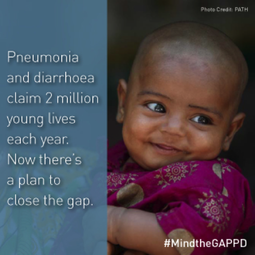 A smiling baby is looking to the side. Text on the image reads, "Pneumonia and diarrhoea claim 2 million young lives each year. Now there's a plan to close the gap." The hashtag "#MindtheGAPPD" is at the bottom right corner. The photo credit goes to PATH.