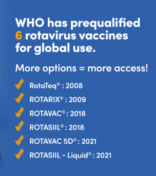 An image listing six rotavirus vaccines prequalified by WHO for global use. The vaccines and their year of prequalification are: RotaTeq (2008), ROTARIX (2009), ROTAVAC (2018), ROTASIIL (2018), ROTAVAC 5D (2021), and ROTASIIL - Liquid (2021).