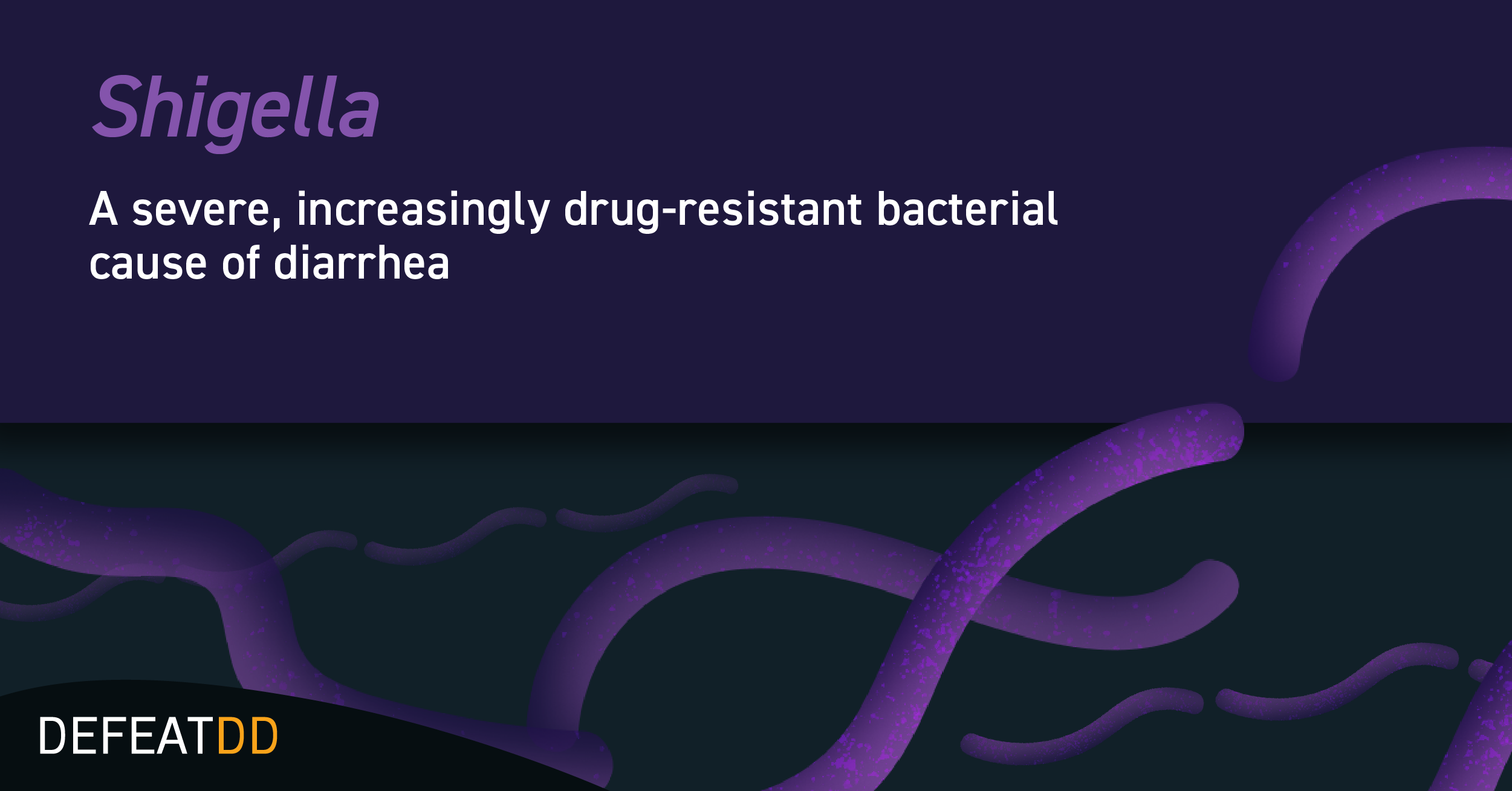 An illustrated image features the text "Shigella, A severe, increasingly drug-resistant bacterial cause of diarrhea." The background has abstract purple shapes resembling bacteria, and there is a logo that reads "DEFEATDD" in the bottom left corner.