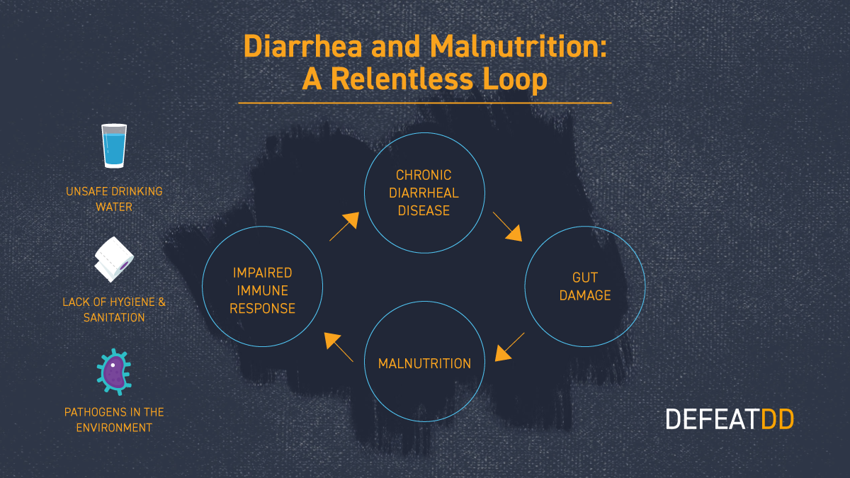 An infographic titled "Diarrhea and Malnutrition: A Relentless Loop." It shows a cycle where chronic diarrheal disease leads to gut damage, then to malnutrition, then to an impaired immune response, looping back to chronic diarrheal disease. Icons for unsafe drinking water, lack of hygiene & sanitation, and environmental pathogens are included. The text "DEFENDDD" is at the bottom right.