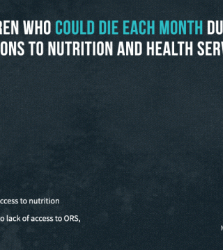 Text image highlighting the potential deaths of over 10,000 children monthly due to inadequate nutrition and health services, including lack of access to ORS, zinc, hospital services, and vaccines in 15 high-burden countries, as of July 2023.