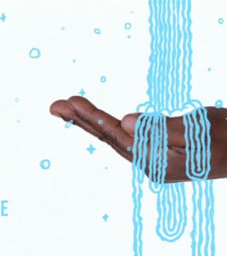 A hand with dark skin is depicted against a light background. Blue, stylized water streams and droplets are digitally illustrated flowing over the hand. The text "We are" is partially visible on the left side.