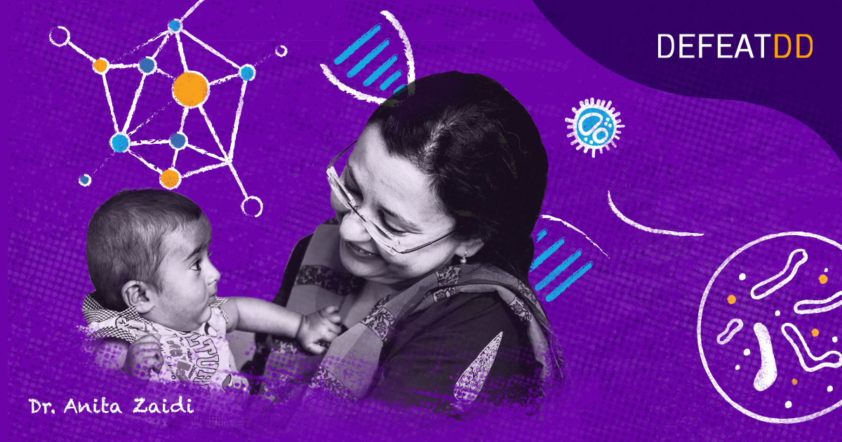 A woman, Dr. Anita Zaidi, smiles while holding a baby, both looking at each other affectionately. The purple background features scientific drawings, including DNA strands and molecules. The text "DEFEATDD" appears in the top right corner.