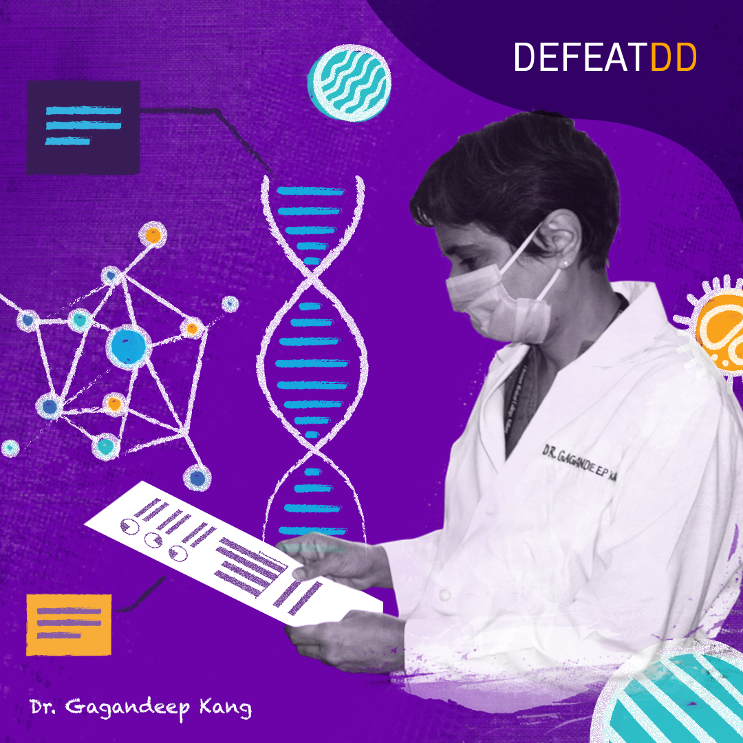 A woman wearing a lab coat and a mask is looking at a document with diagrams. The background is purple, featuring scientific icons like DNA strands, molecular structures, and patterns. "DEFEATDD" and "Dr. Gagandeep Kang" are written in white text on the image.