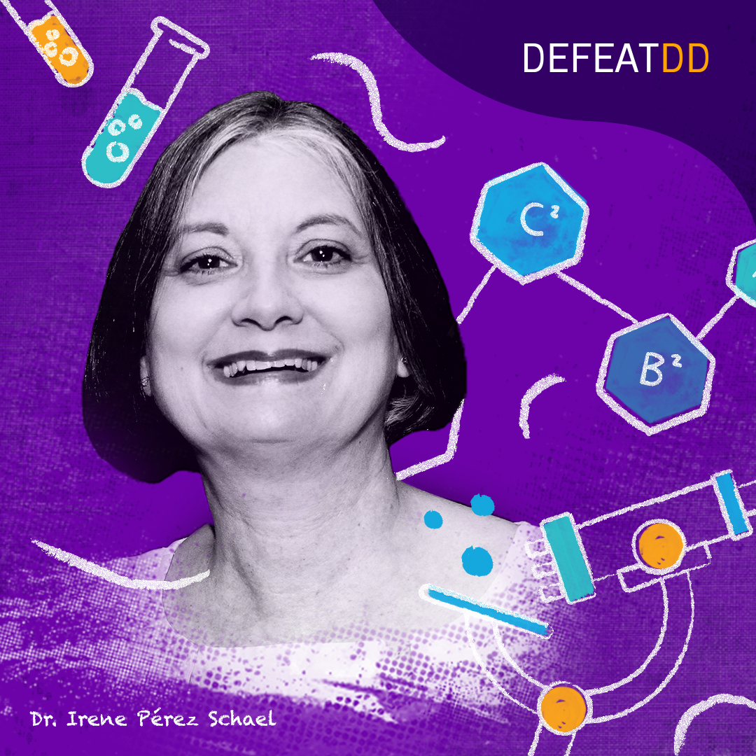 A grayscale portrait of a smiling woman is overlaid with colorful science-themed illustrations like test tubes and molecules. The background is purple with the text "DEFEAT DD" at the top right. The name "Dr. Irene Pérez Schael" is at the bottom left.