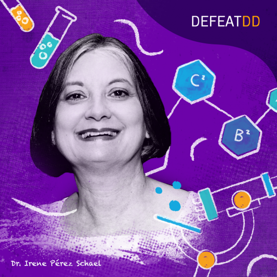 A photo of a smiling woman framed by colorful scientific illustrations, including test tubes, a microscope, and chemical formulas, set against a purple background. Text reads "DEFEATDD" at the top and "Dr. Irene Pérez Schael" in the corner.