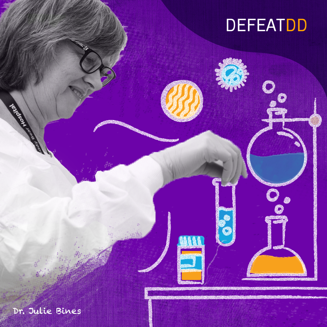 A scientist in a lab coat holds a test tube. Illustrated lab equipment, colorful molecules, and a medicine bottle surround her on a purple background with the text “DefeatDD.”.