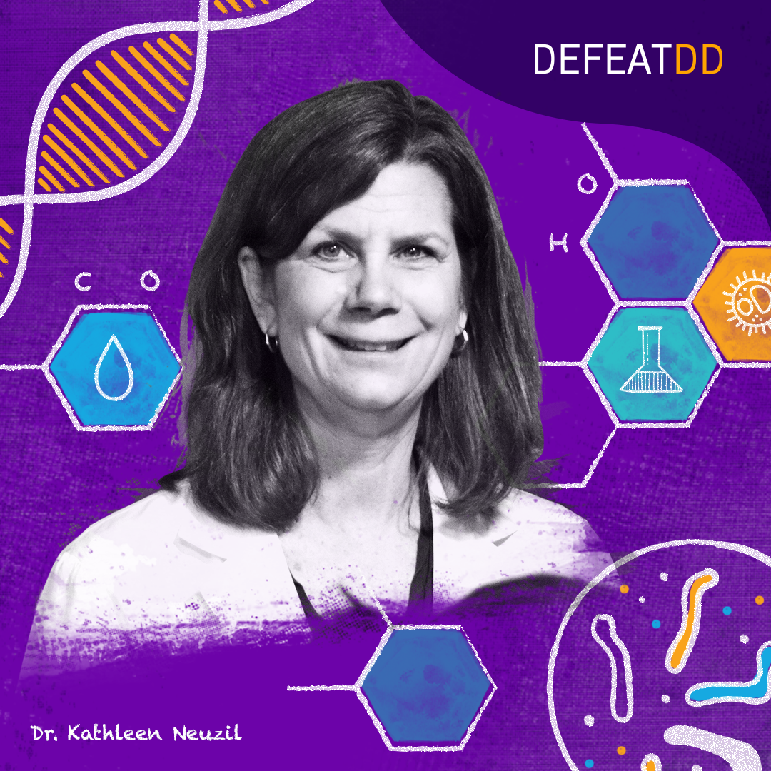 A woman in a white coat smiles against a purple background featuring scientific graphics, including hexagons, bacteria, a water droplet, and laboratory equipment. The text "DEFEATDD" is in the upper right, with "Dr. Kathleen Neuzil" written at the bottom left.