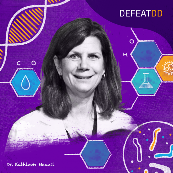 A woman with shoulder-length dark hair is smiling. She wears a white coat. The background is purple with scientific illustrations, including molecules, a beaker, and bacteria. "DEFEATDD" is displayed in the top right corner, and "Dr. Kathleen Neuzil" is written at the bottom.