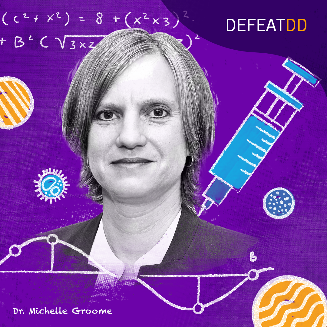 A grayscale photo of Dr. Michelle Groome is set against a vibrant purple background with a syringe illustration near the top right and mathematical equations scattered across. The text "DEFEATDD" appears at the top right, and her name is written in white at the bottom left.