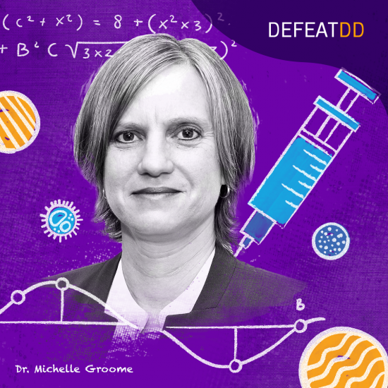 Illustration of Dr. Michelle Groome with short, light-colored hair, wearing a white coat, set against a purple background. Surrounding her are scientific symbols, such as a syringe, mathematical equations, and circles representing bacteria or viruses. The "DEFEATDD" logo is in the top-right corner.