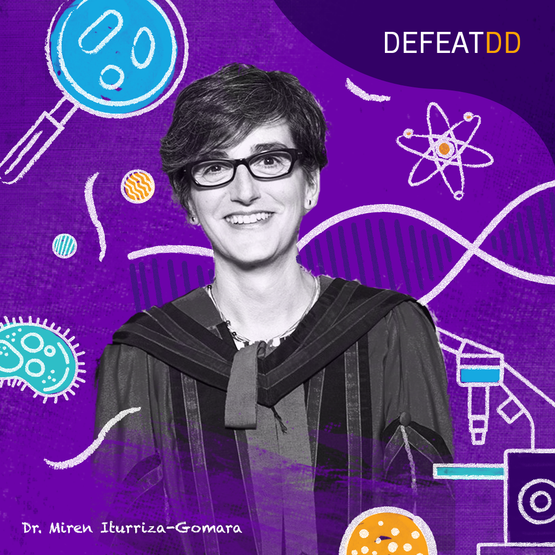 A woman with short hair and glasses is smiling while wearing academic regalia. The background features a vibrant purple color with scientific drawings like bacteria, a microscope, and DNA strands. The text "DEFATDD" is at the top-right and "Dr. Miren Iturriza-Gomara" at the bottom.