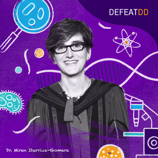 A black and white photograph of a woman wearing academic attire, set against a purple background with illustrated scientific icons such as a microscope, petri dishes, and molecules. The text "DEFEATDD" is in the top right corner and "Dr. Miren Iturriza-Gomara" is at the bottom left.