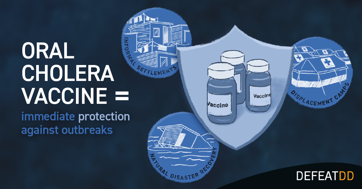 An informational graphic features illustrations of cholera vaccines in the center shielded by a large, light blue shield. Surrounding it are icons representing informal settlements, displacement camps, and natural disaster recovery areas. Text reads, "Oral Cholera Vaccine = immediate protection against outbreaks." The image is credited to DefeatDD.