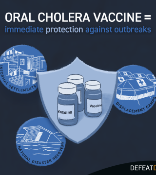 Illustration of oral cholera vaccine bottles in the center with images of informal settlements, displacement camps, and natural disaster recovery surrounding them. Text: "ORAL CHOLERA VACCINE = immediate protection against outbreaks.