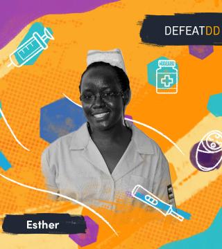 A woman in nurse attire, labeled "Esther," smiles against a colorful background with medical icons like syringes, pills, and a vaccine vial. The word "DEFEATDD" appears in the top right corner.