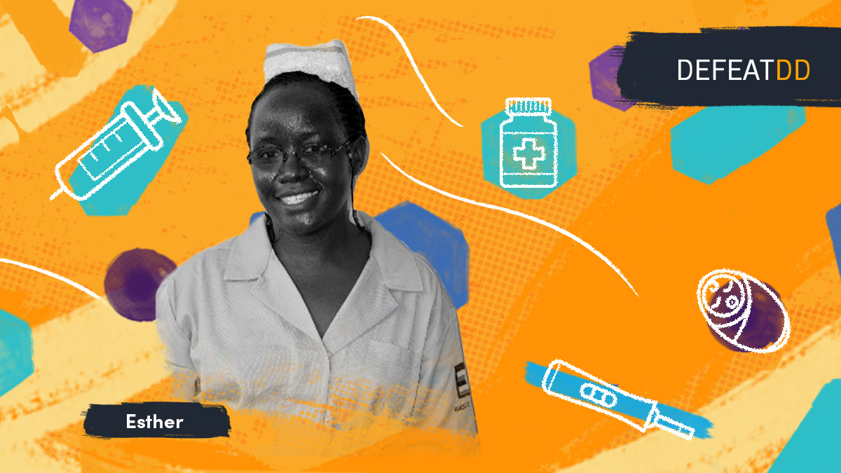 A black-and-white photo of a smiling person named Esther wearing a medical uniform and cap is set against a bright orange background with illustrated medical items like a syringe, medicine bottle, and thermometer. The word "DEFEATDD" is displayed in the top right corner.