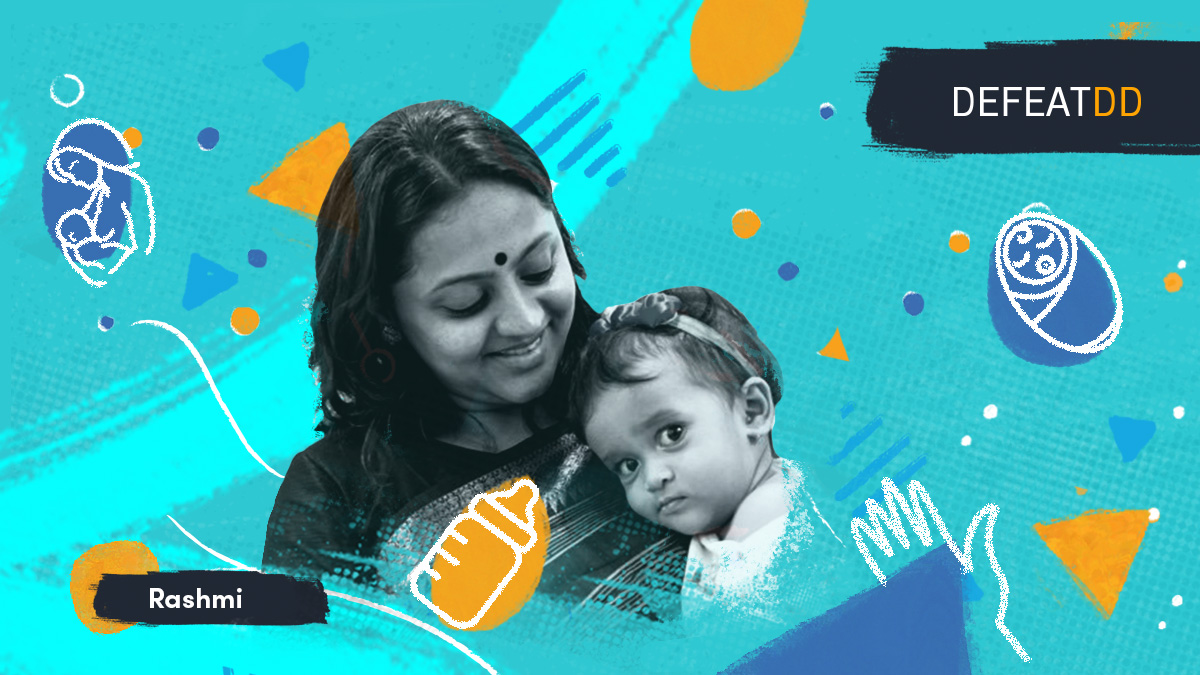 A woman, titled Rashmi, with a bindi on her forehead, is affectionately holding a young child who rests their head on her shoulder. The background has a teal color with abstract shapes in orange, yellow, and white, and the text "DEFEATDD" in the top right corner.