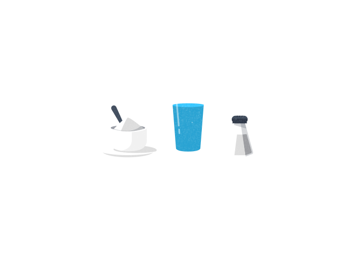 Illustration showing the ingredients for an oral rehydration solution (ORS). From left to right: a cup with sugar, a glass of water, and a salt shaker. Text below reads "SUGAR + WATER + SALT = ORS.