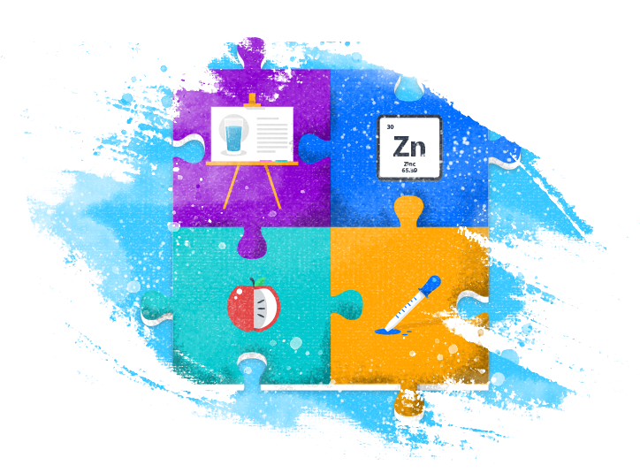 A colorful puzzle piece featuring four sections: a presentation easel with a glass of water, a zinc symbol on a card, an apple with a clock, and a thermometer. Each section is in different colors: purple, blue, red, and orange.