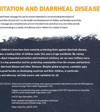 An infographic titled "Sanitation and Diarrheal Diseases" emphasizing the importance of sanitation in preventing diarrheal diseases. It highlights the impact on children and promotes integrated prevention and treatment methods. A citation and reference section is included.