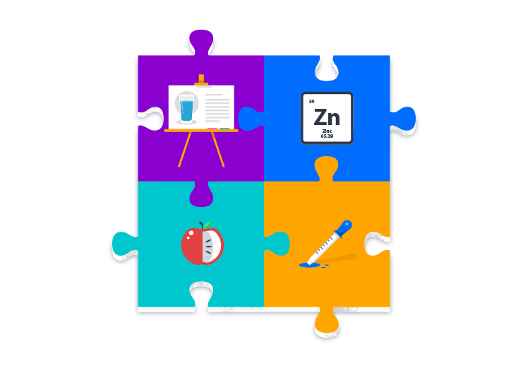 A four-piece puzzle with each piece featuring different icons. The top-left piece shows a presentation board with a glass of water, the top-right has a zinc element symbol, the bottom-left depicts an apple with a tape measure, and the bottom-right displays a thermometer.