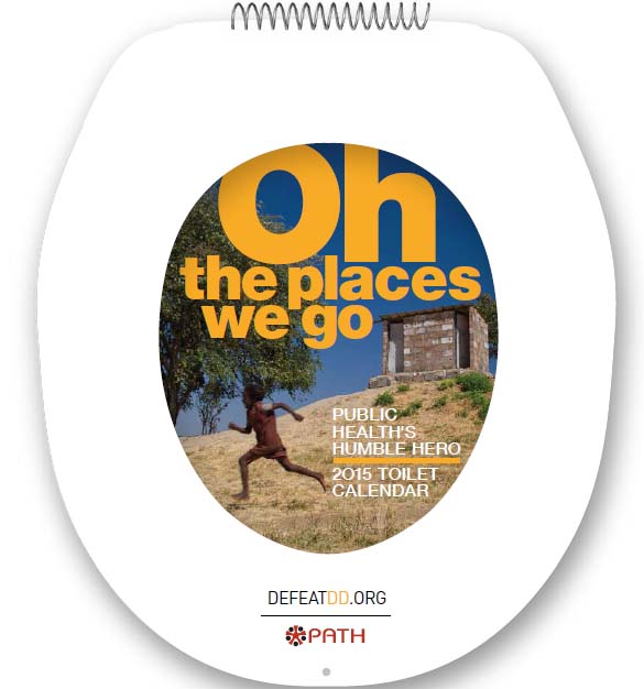 A 2015 calendar cover shaped like a toilet seat lid, featuring the text "Oh the places we go" and "Public health's humble hero." An image of a person running near a rustic toilet structure and the website "DEFEATDD.ORG" are also displayed.