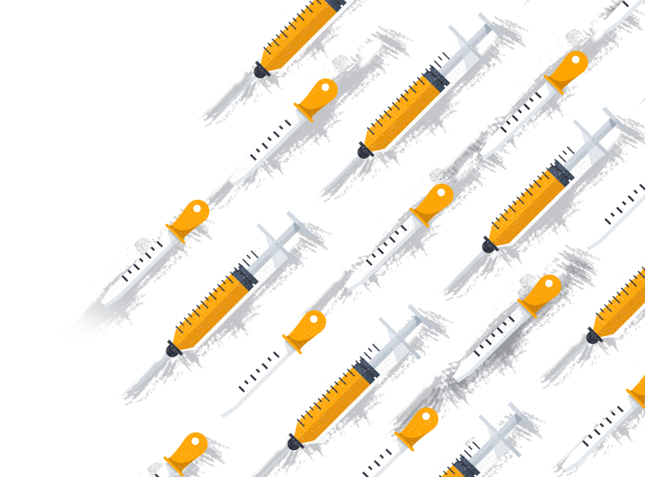 An illustration of multiple syringes with yellow plunger handles, arranged diagonally on a white background. The syringes are evenly spaced and display varying designs, all featuring orange or yellow accents.