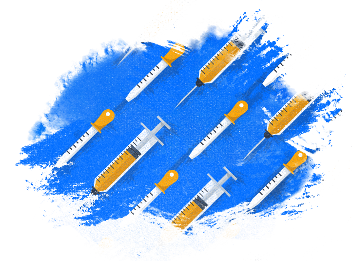 Illustration of numerous syringes with yellow plunger handles and black markings, arranged in diagonal rows on a textured blue background. The syringes are depicted consistently in size and orientation, creating a repetitive pattern.