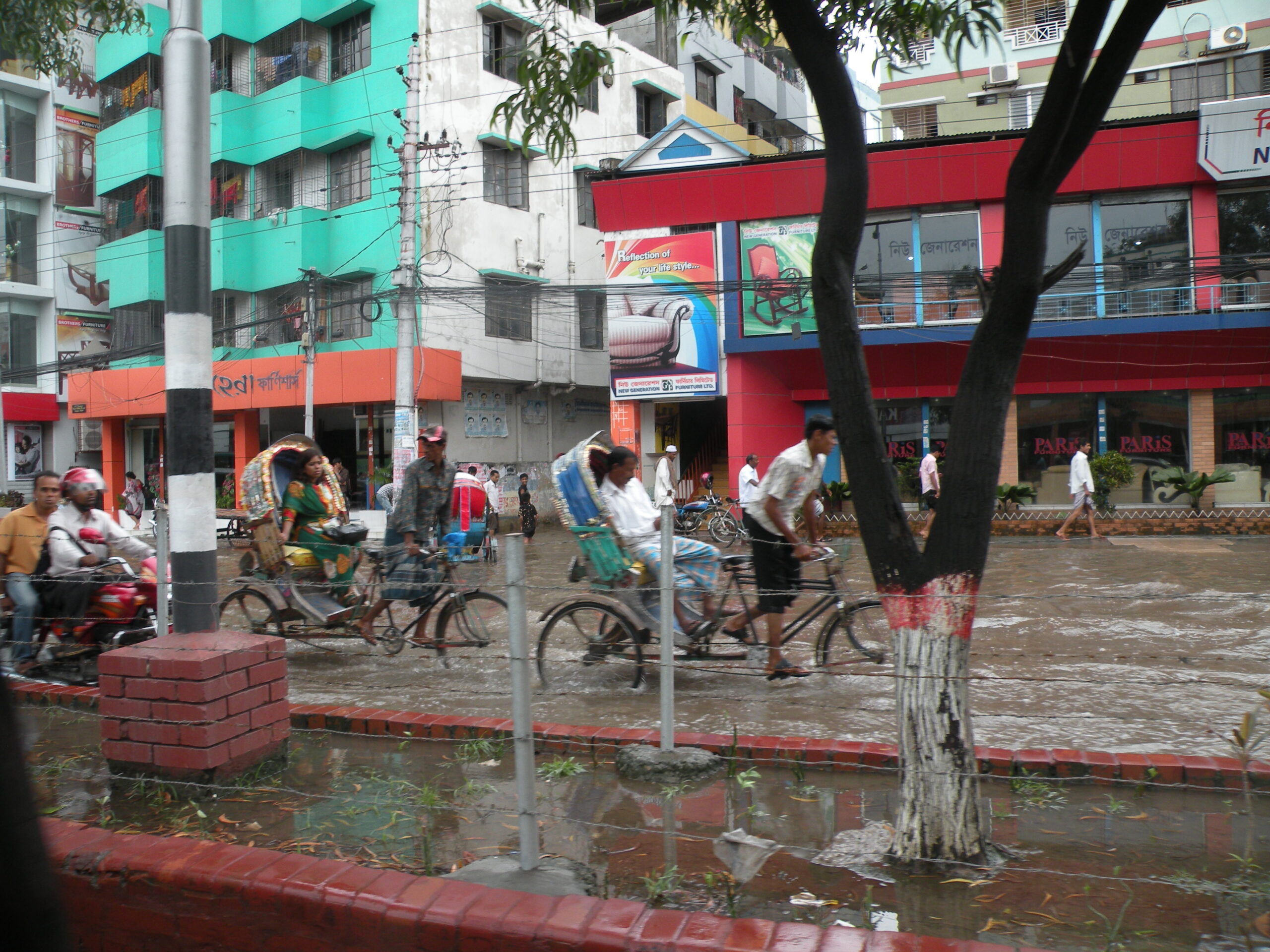 Rickshaws navigate a flooded street in an urban area, with colorful buildings and shops in the background. Pedestrians walk nearby, and a tree stands in the foreground, partially painted white and red.