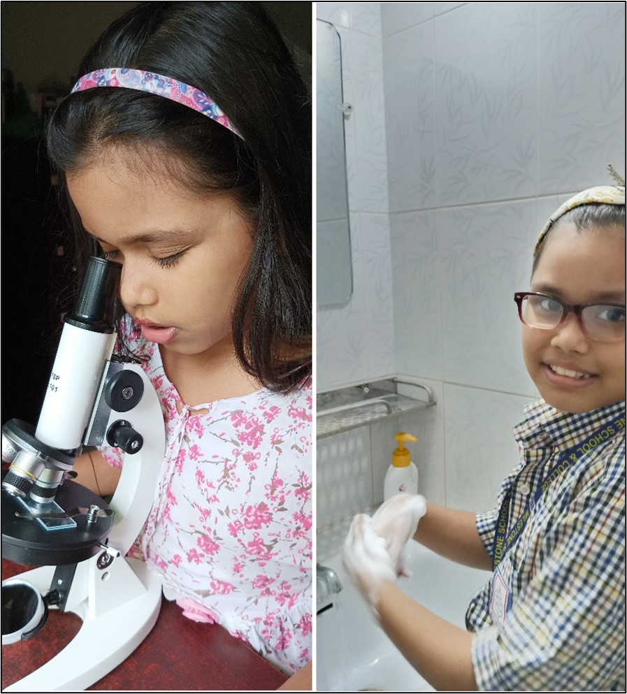 The image is split into two sections: on the left, a girl with a floral headband looks through a microscope. On the right, a girl wearing glasses and a school uniform is washing her hands with soap in a bathroom.