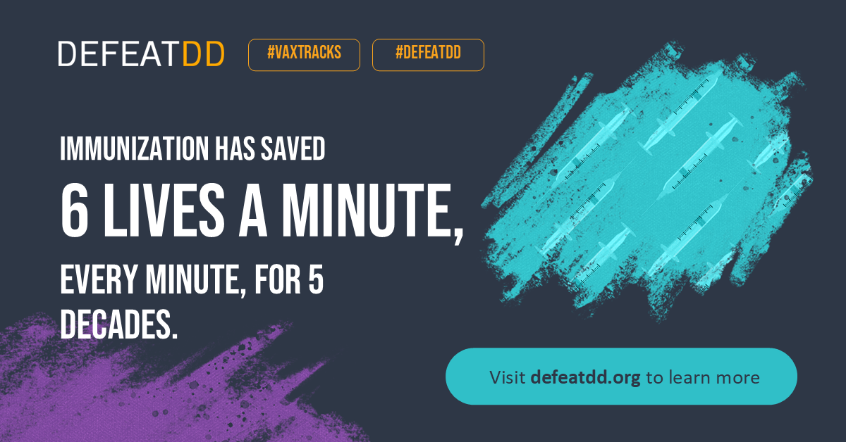 A graphic with the text "Immunization has saved 6 lives a minute, every minute, for 5 decades." It features DEFATDD branding, hashtag buttons, and a call to visit defeatdd.org to learn more, with abstract colorful brush strokes.